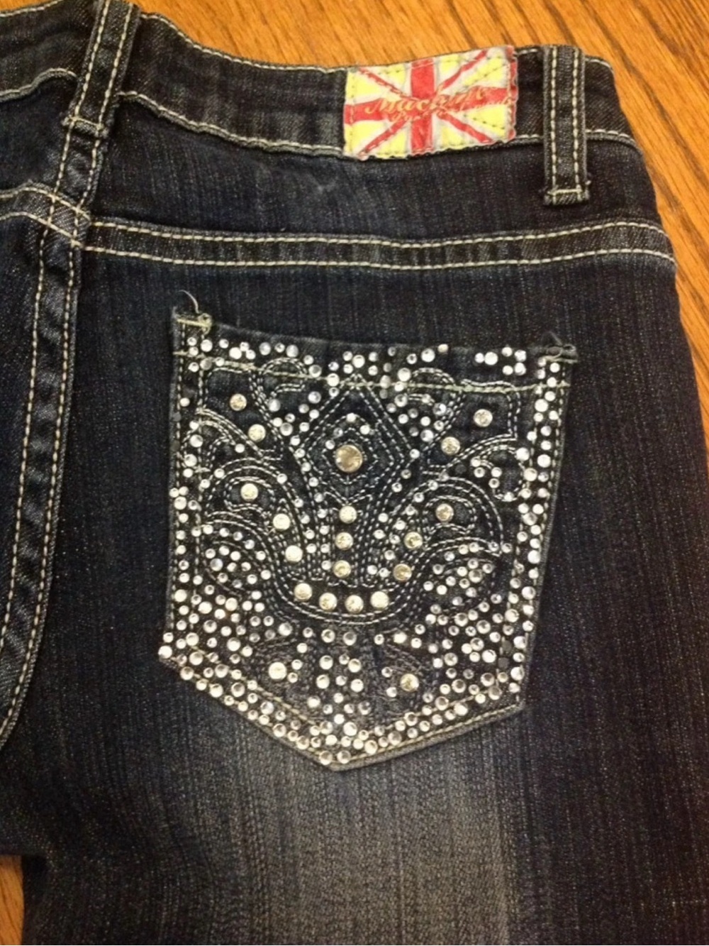 Machine crystal nouvelle destroyed distressed women  denim blue jeans 28x32 #9